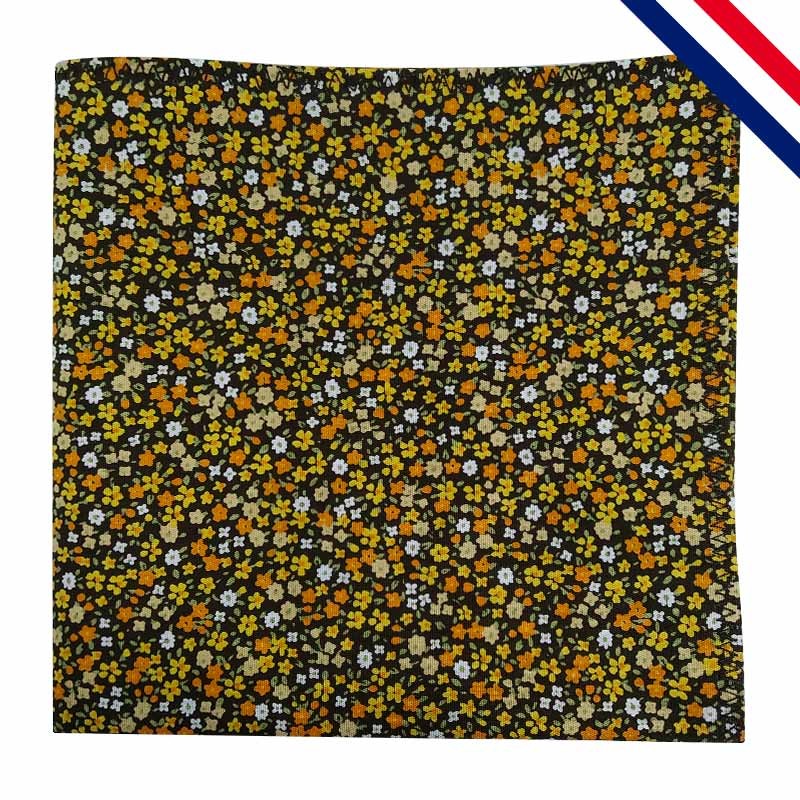 Pochette de costume en liberty japonais noir à fleurs orange et jaune - Couchey