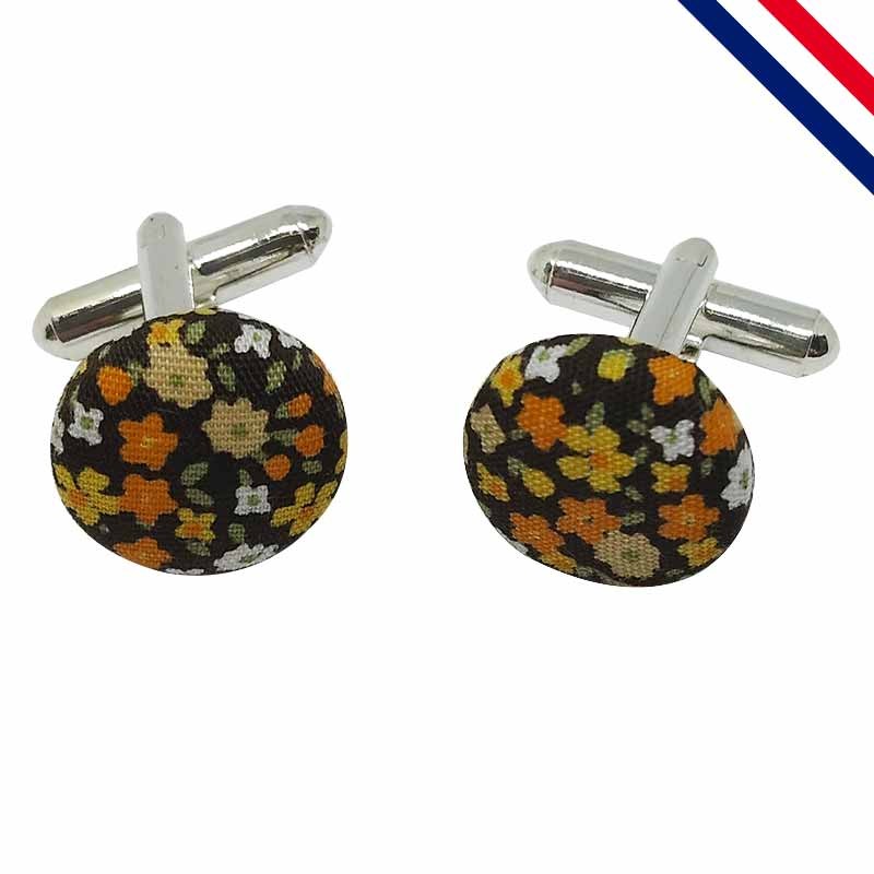 Boutons de manchette en liberty noir à fleurs orange et jaune - Couchey