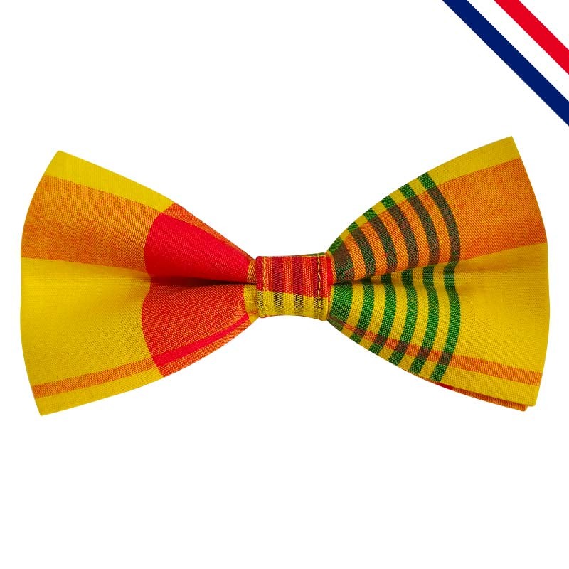 Nœud papillon en madras jaune, orange, rouge et vert