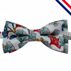 Nœud papillon pour garçon ou bébé à motif Ginkgo Biloba bleu, moutarde et rouge - Ladoix Serrigny